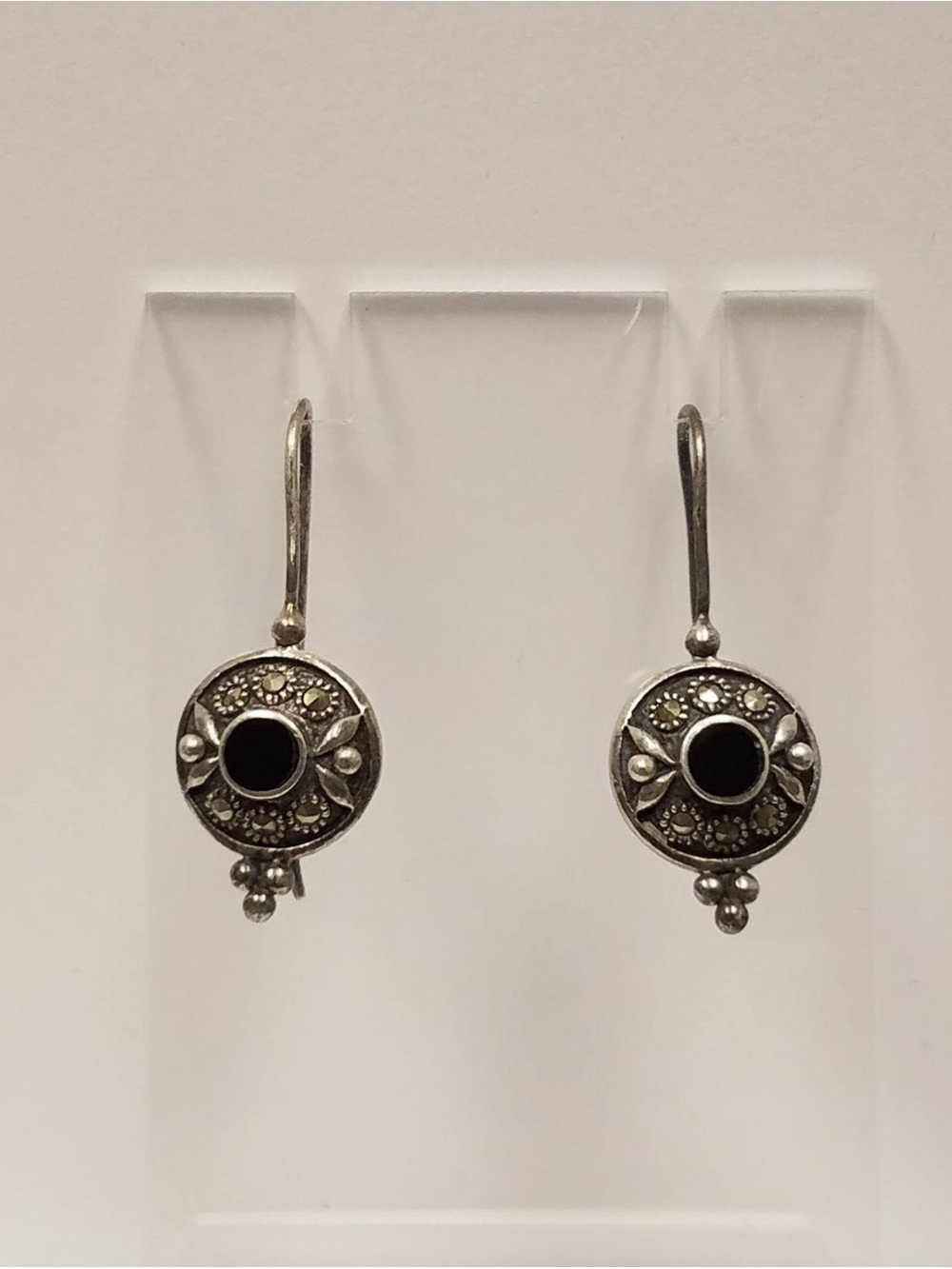 925 Sterling Silver Black Rhinestone & Marcasite Drop Earrings Vintage